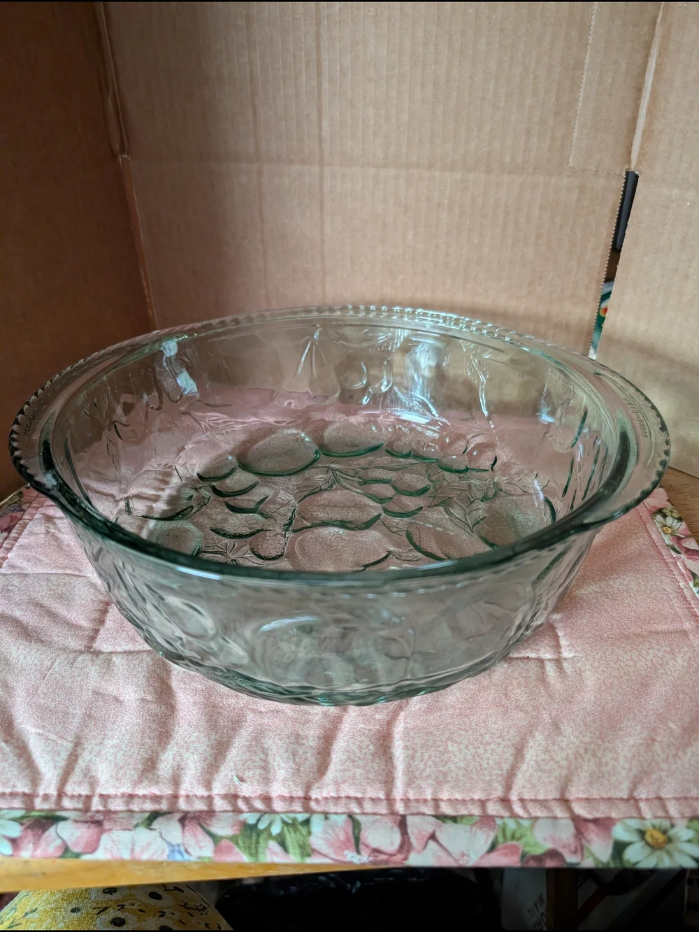 Libbey Green Pressed Glass Fruit Pattern Bowl